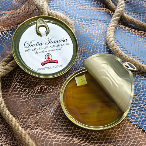 Lata abierta de anchoas 00 con mantequilla artesana Doña Tomasa, 85 g