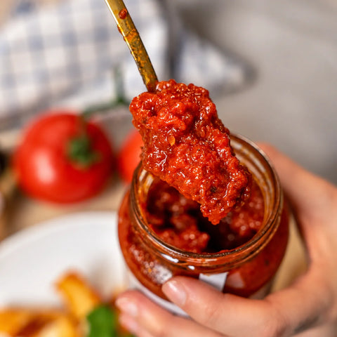 Detalle de la textura del tomate frito artesanal Doña Tomasa